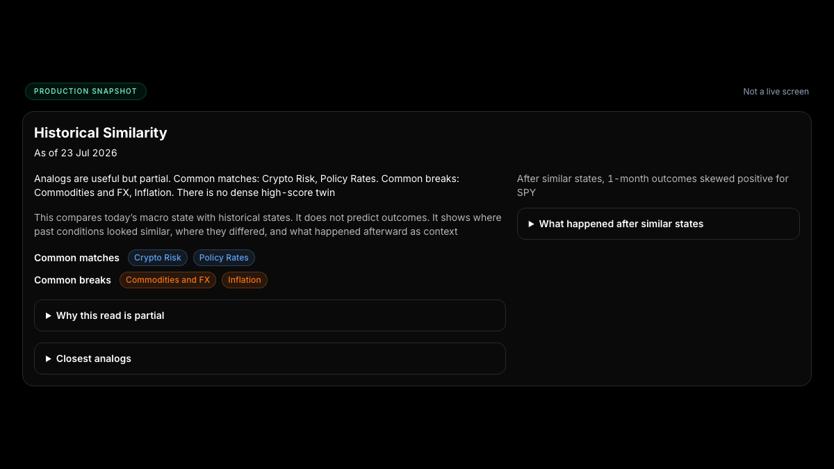 Frozen production Historical Similarity readout showing common matches, common breaks and a partial-read disclosure